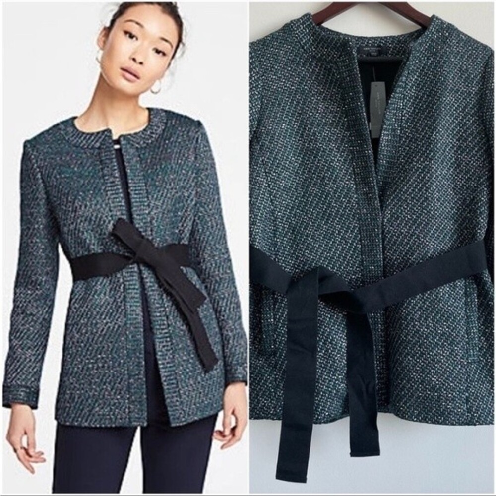 Ann Taylor Tweed Mid Length Belted Blazer Jacket XS